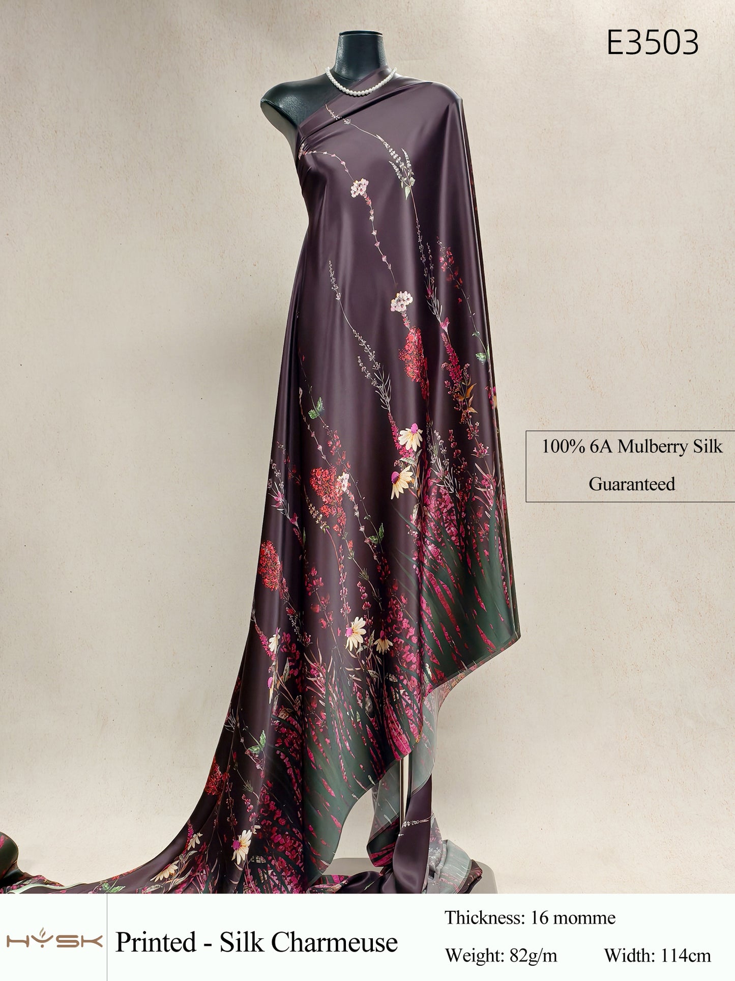 HYSK Digital Printed 100% Mulberry Silk Charmeuse – 16 Momme, 114cm Width, 6A Grade Silk Original Design Fabric for Couture, Evening Wear & Traditional Attire