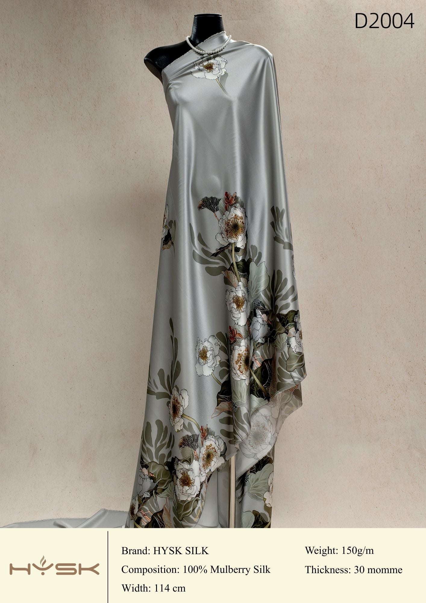 HYSK Digital Printed 100% Mulberry Silk Charmeuse – 30 Momme, 114cm Width, 6A Grade Silk Original Design Fabric for Couture, Evening Wear & Traditional Attire