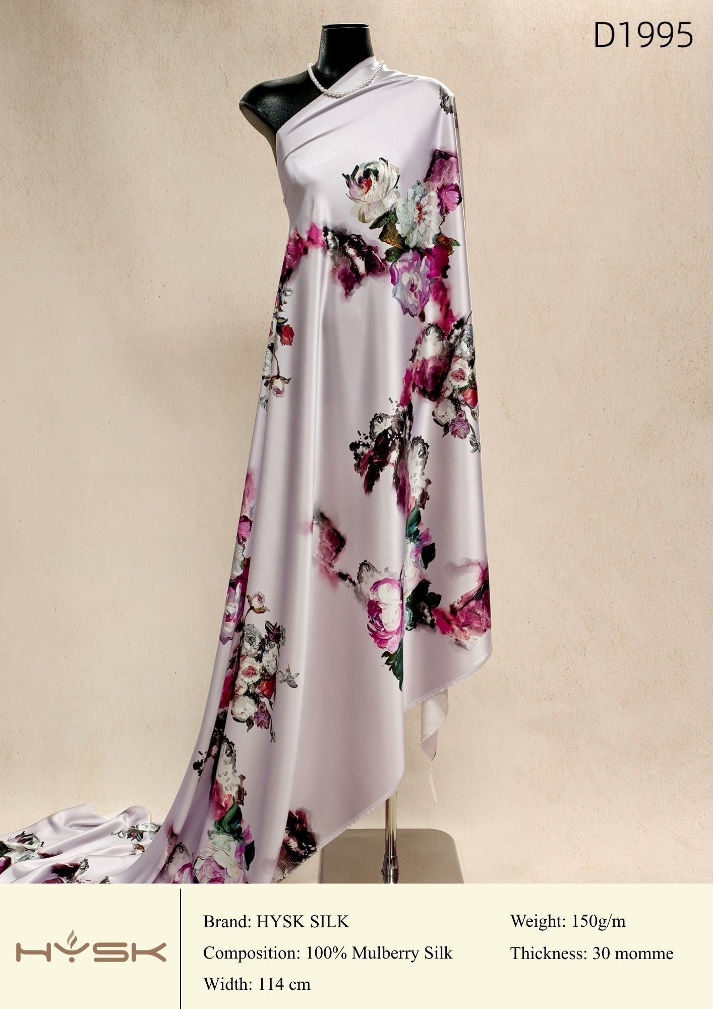 HYSK Digital Printed 100% Mulberry Silk Charmeuse – 30 Momme, 114cm Width, 6A Grade Silk Original Design Fabric for Couture, Evening Wear & Traditional Attire