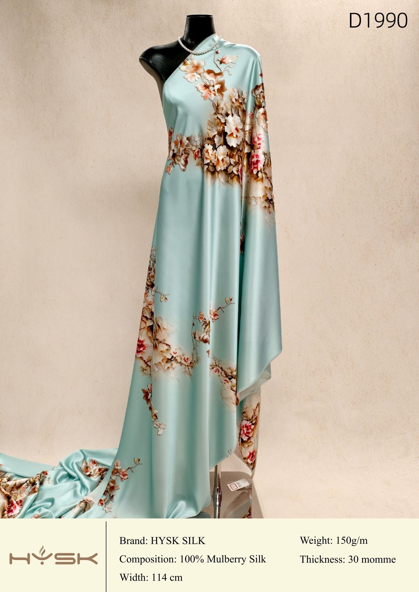 HYSK Digital Printed 100% Mulberry Silk Charmeuse – 30 Momme, 114cm Width, 6A Grade Silk Original Design Fabric for Couture, Evening Wear & Traditional Attire