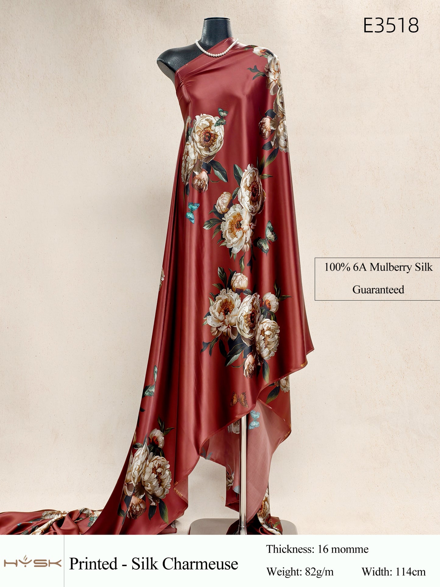 HYSK Digital Printed 100% Mulberry Silk Charmeuse – 16 Momme, 114cm Width, 6A Grade Silk Original Design Fabric for Couture, Evening Wear & Traditional Attire