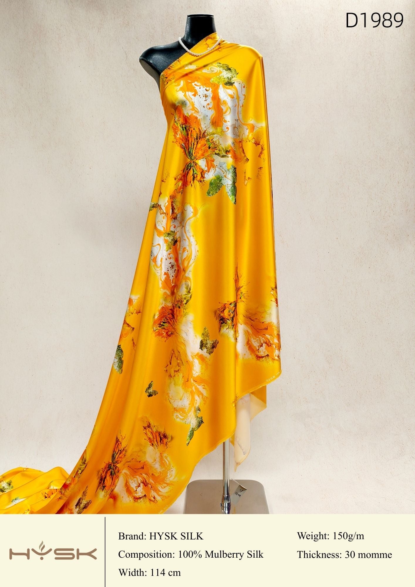 HYSK Digital Printed 100% Mulberry Silk Charmeuse – 30 Momme, 114cm Width, 6A Grade Silk Original Design Fabric for Couture, Evening Wear & Traditional Attire