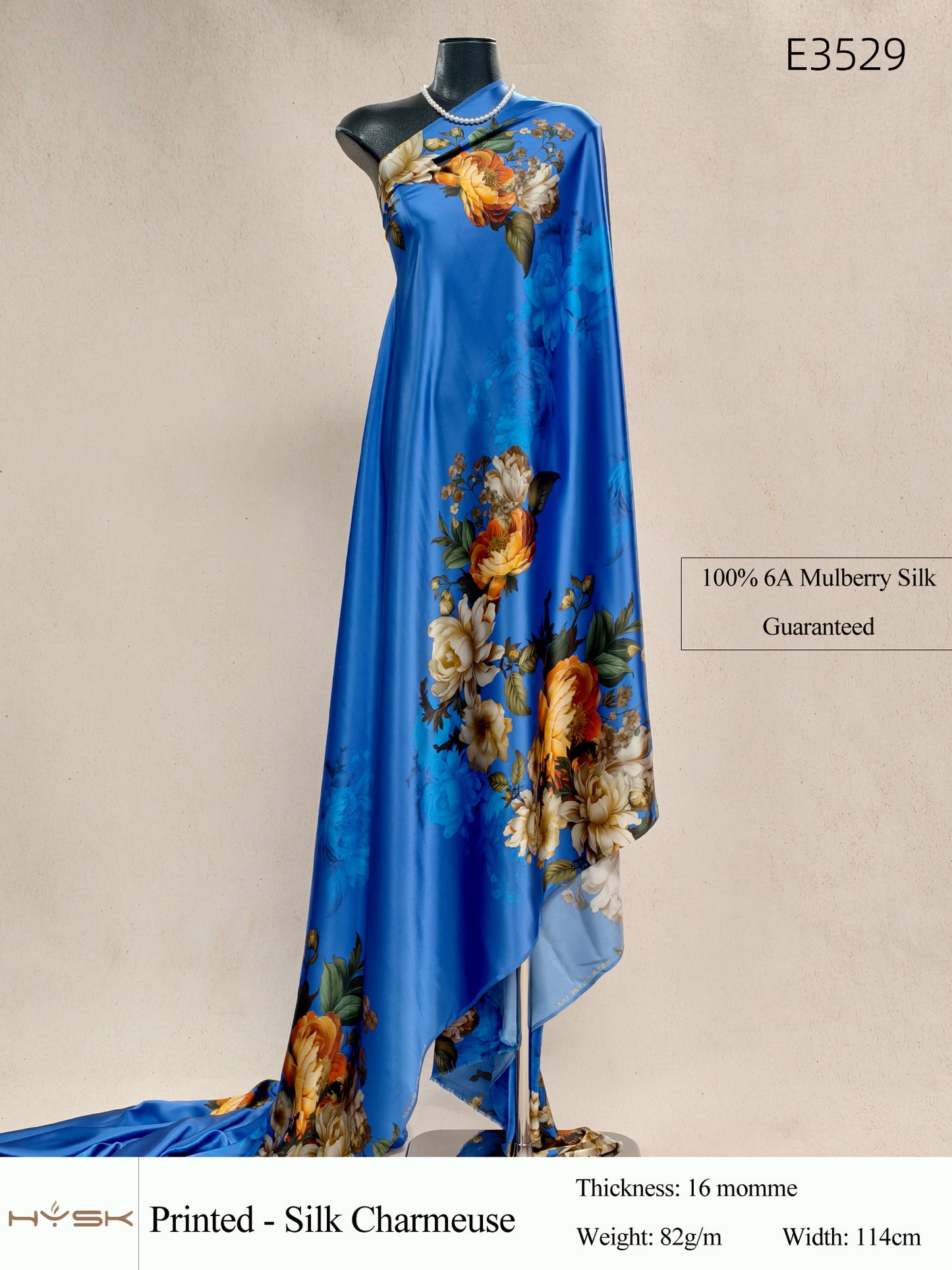 HYSK Digital Printed 100% Mulberry Silk Charmeuse – 16 Momme, 114cm Width, 6A Grade Silk Original Design Fabric for Couture, Evening Wear & Traditional Attire