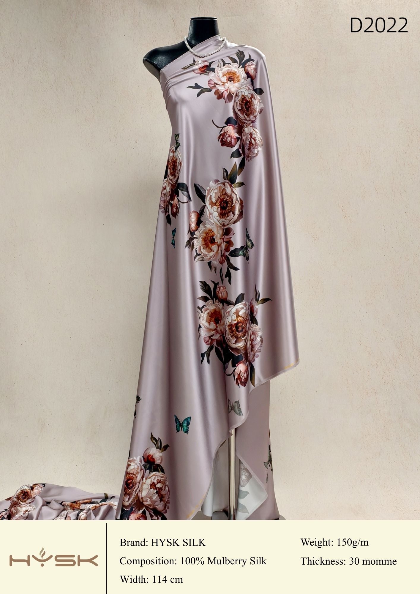 HYSK Digital Printed 100% Mulberry Silk Charmeuse – 30 Momme, 114cm Width, 6A Grade Silk Original Design Fabric for Couture, Evening Wear & Traditional Attire