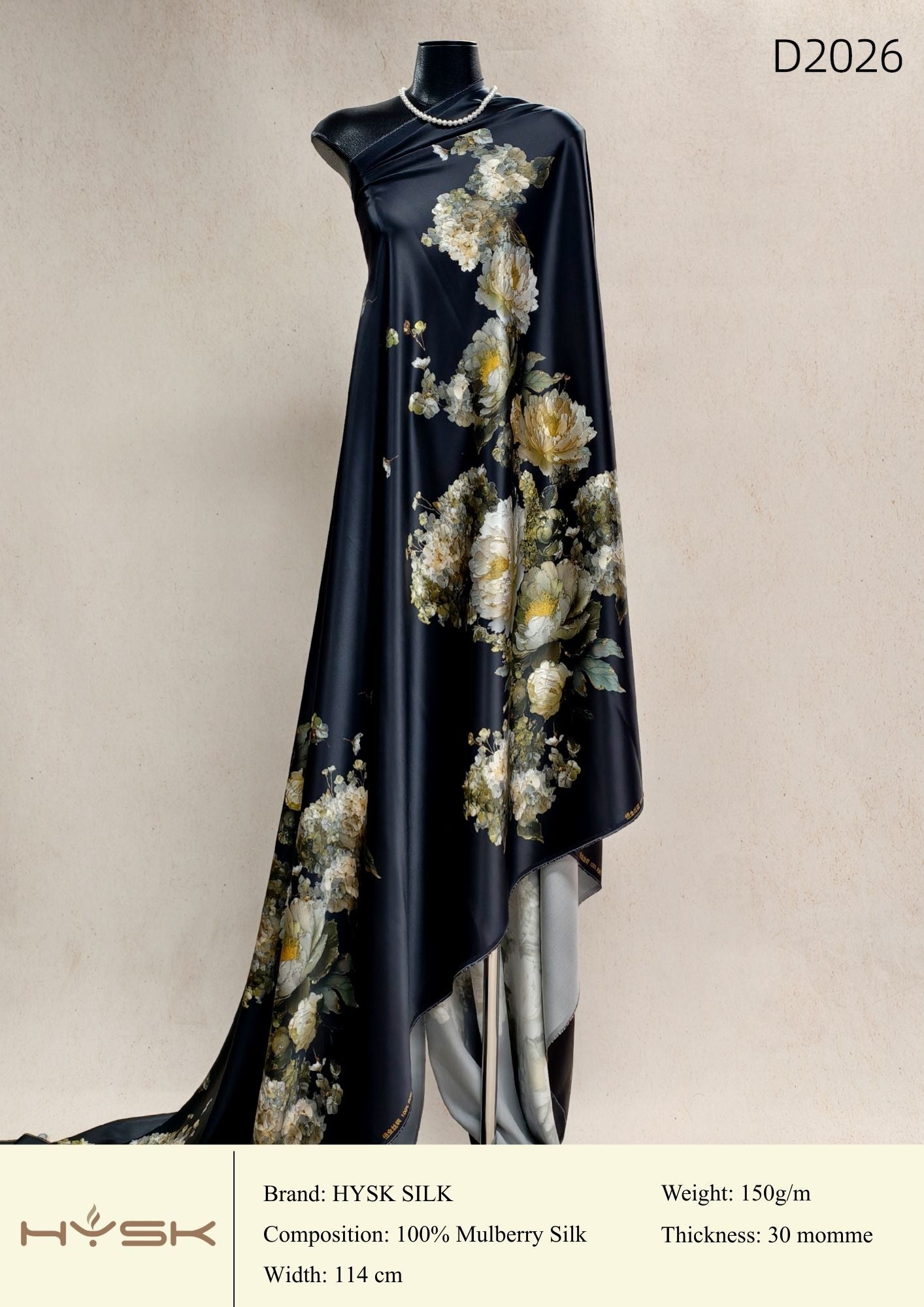 HYSK Digital Printed 100% Mulberry Silk Charmeuse – 30 Momme, 114cm Width, 6A Grade Silk Original Design Fabric for Couture, Evening Wear & Traditional Attire - In Stock Products