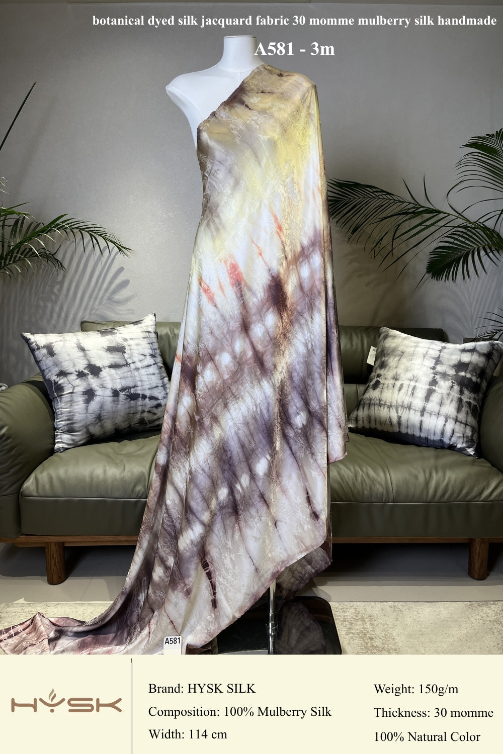 Botanical Dyed Silk Jacquard Fabric – 30 Momme Mulberry Silk, Handmade Natural Dye, Luxury Fabric by the Yard - A581