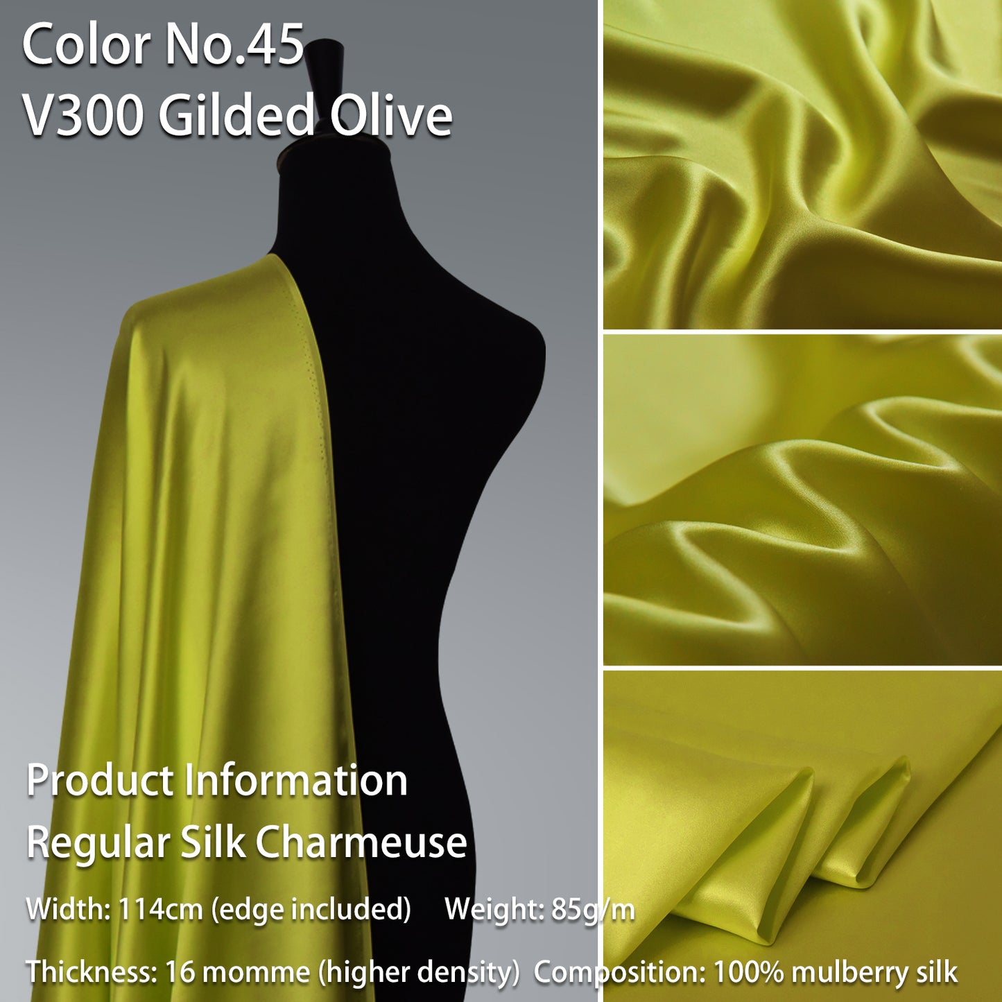 HYSK 100% Yellow Color Mulberry Silk Charmeuse High-End Refined Soft Lustered Silk Fabric Skin-Friendly For Night Dress Pajamas Beddings Lining, 120 colors available in stock