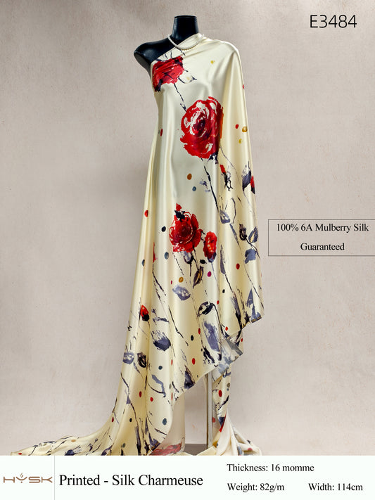 HYSK Digital Printed 100% Mulberry Silk Charmeuse – 16 Momme, 114cm Width, 6A Grade Silk Original Design Fabric for Couture, Evening Wear & Traditional Attire