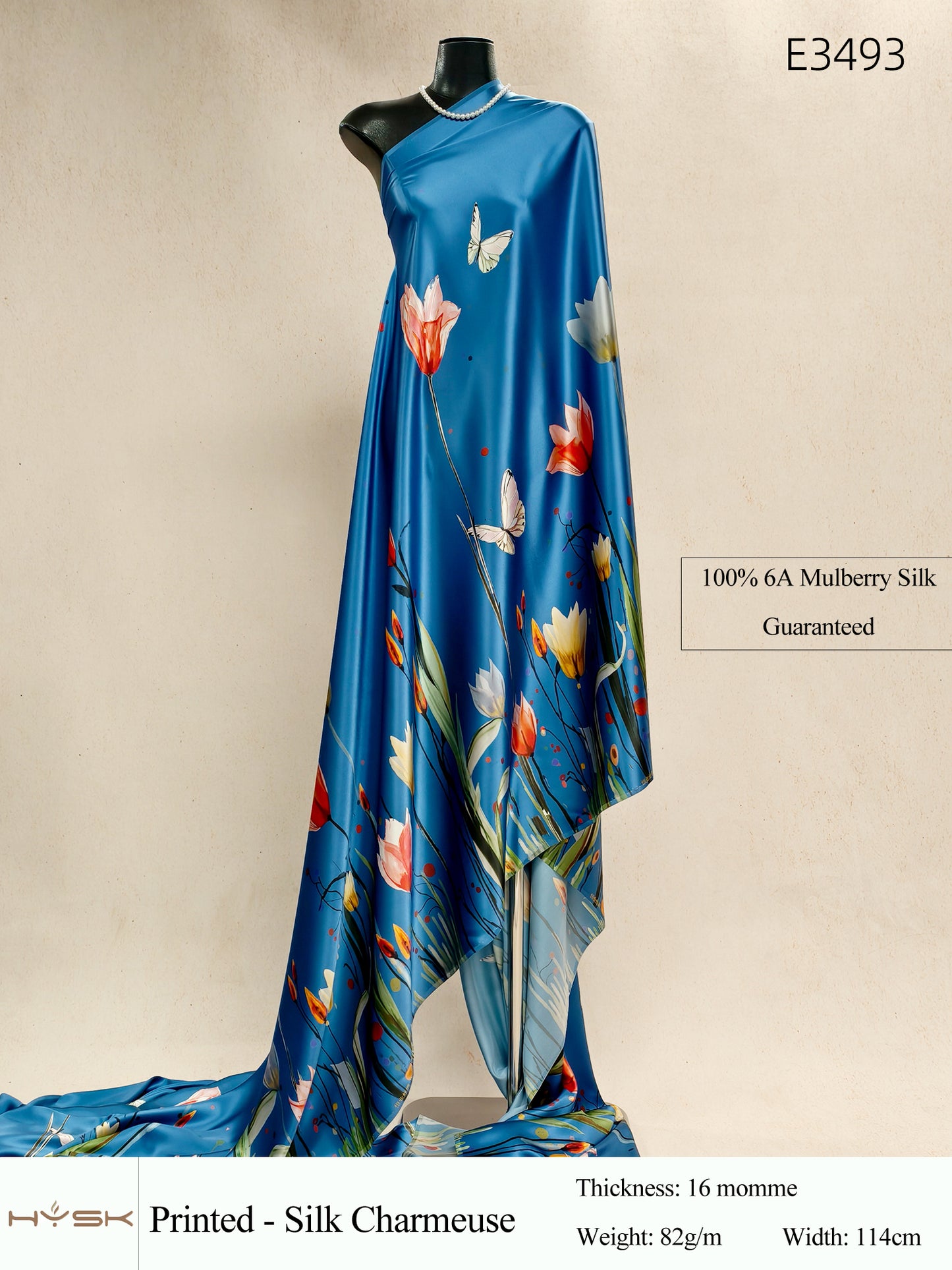 HYSK Digital Printed 100% Mulberry Silk Charmeuse – 16 Momme, 114cm Width, 6A Grade Silk Original Design Fabric for Couture, Evening Wear & Traditional Attire