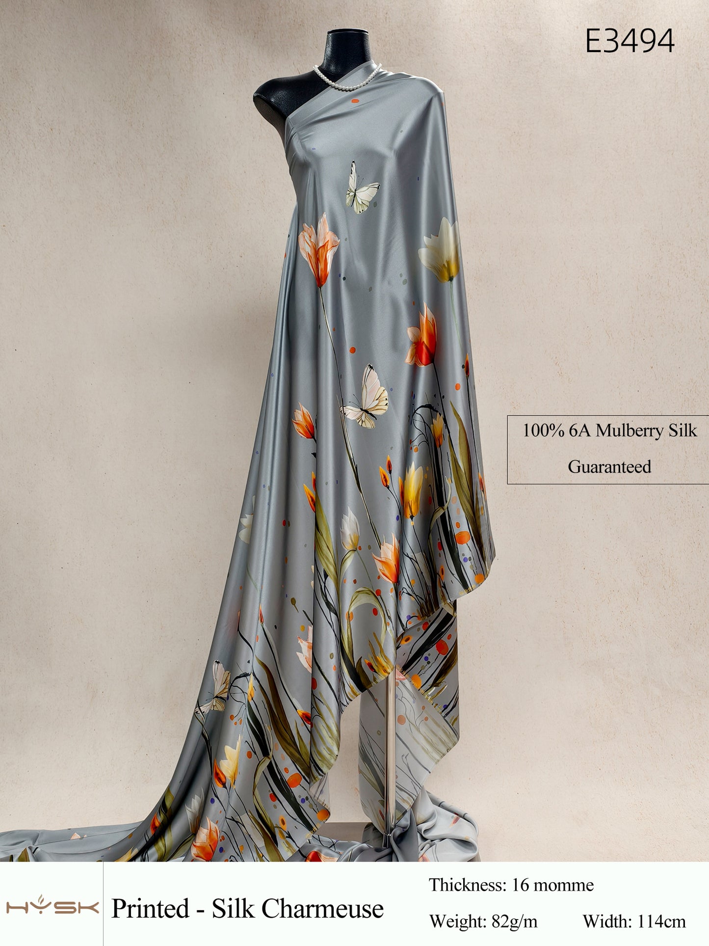 HYSK Digital Printed 100% Mulberry Silk Charmeuse – 16 Momme, 114cm Width, 6A Grade Silk Original Design Fabric for Couture, Evening Wear & Traditional Attire