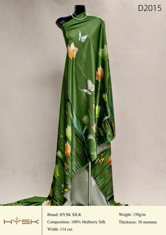HYSK Digital Printed 100% Mulberry Silk Charmeuse – 30 Momme, 114cm Width, 6A Grade Silk Original Design Fabric for Couture, Evening Wear & Traditional Attire