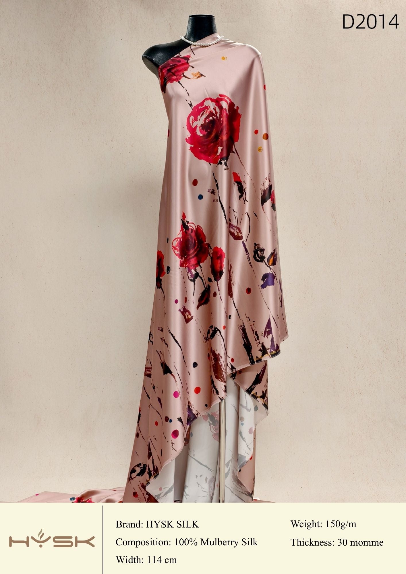 HYSK Digital Printed 100% Mulberry Silk Charmeuse – 30 Momme, 114cm Width, 6A Grade Silk Original Design Fabric for Couture, Evening Wear & Traditional Attire