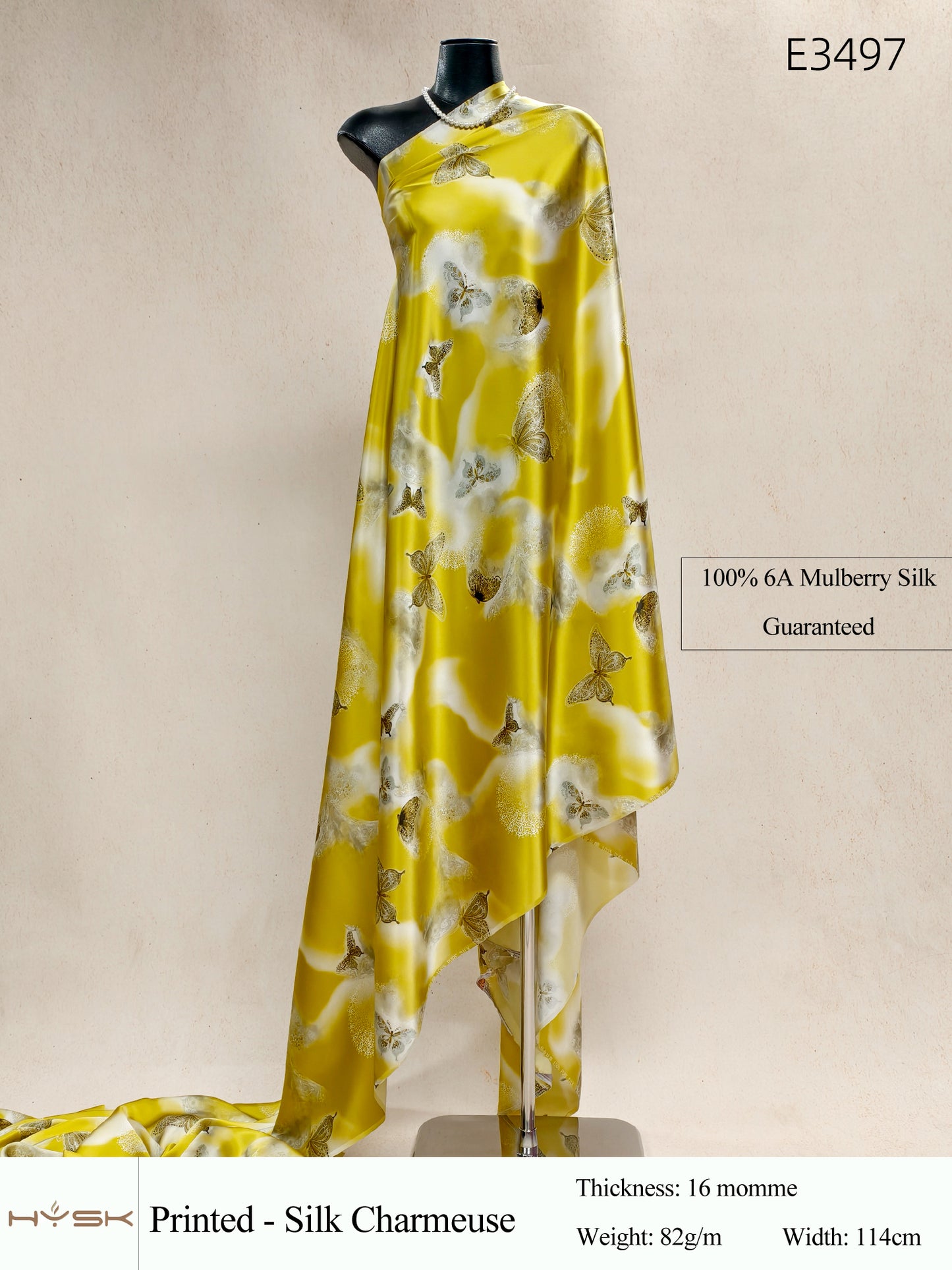 HYSK Digital Printed 100% Mulberry Silk Charmeuse – 16 Momme, 114cm Width, 6A Grade Silk Original Design Fabric for Couture, Evening Wear & Traditional Attire