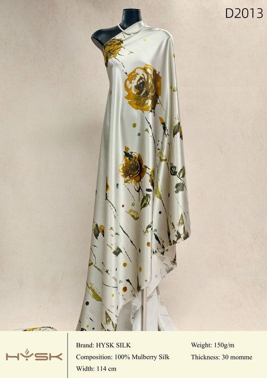 HYSK Digital Printed 100% Mulberry Silk Charmeuse – 30 Momme, 114cm Width, 6A Grade Silk Original Design Fabric for Couture, Evening Wear & Traditional Attire