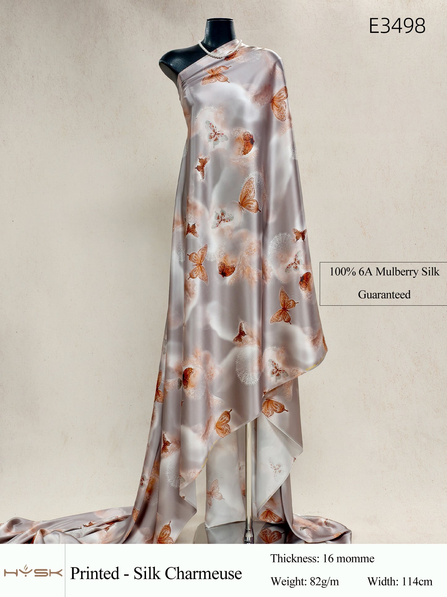 HYSK Digital Printed 100% Mulberry Silk Charmeuse – 16 Momme, 114cm Width, 6A Grade Silk Original Design Fabric for Couture, Evening Wear & Traditional Attire