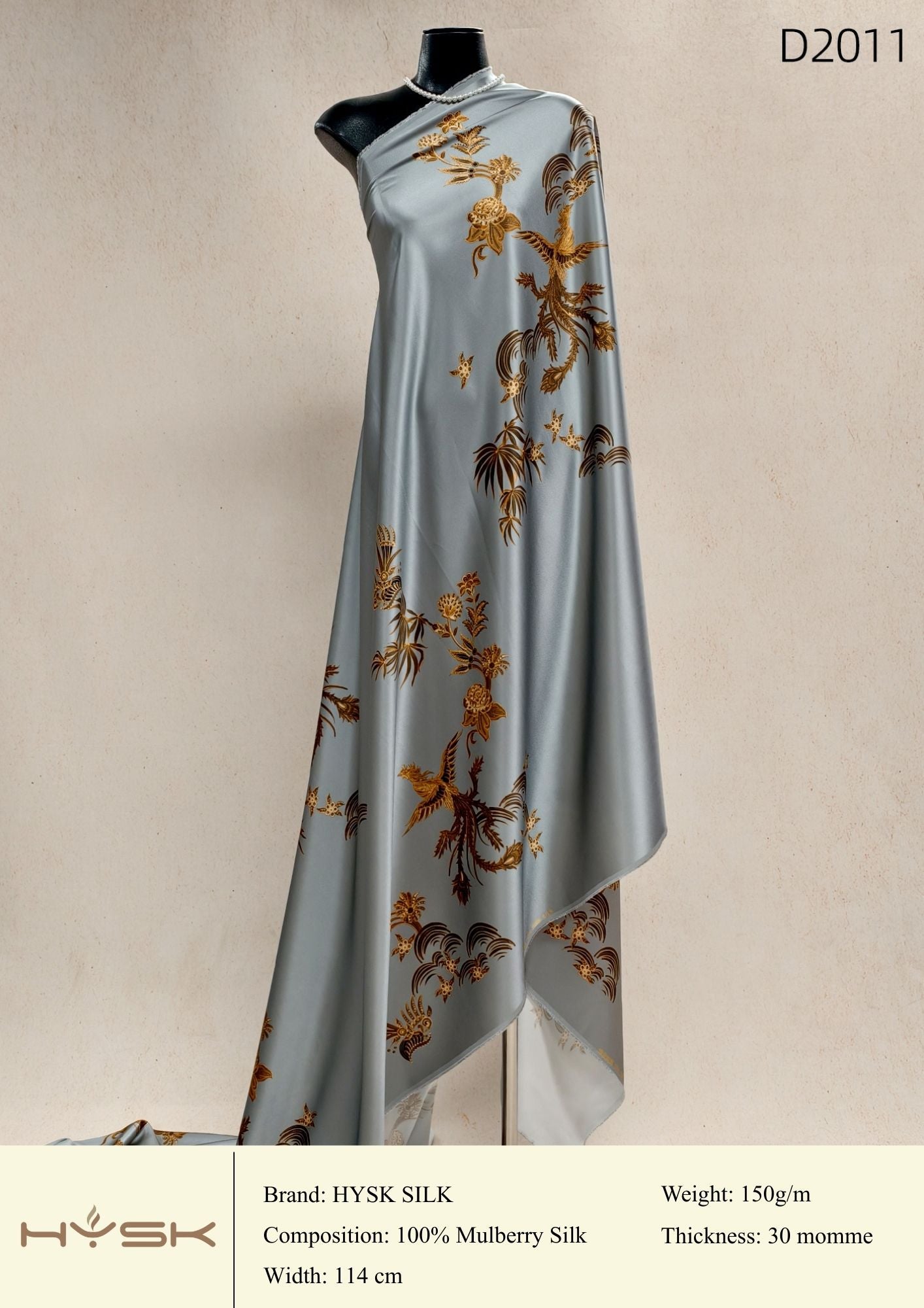 HYSK Digital Printed 100% Mulberry Silk Charmeuse – 30 Momme, 114cm Width, 6A Grade Silk Original Design Fabric for Couture, Evening Wear & Traditional Attire