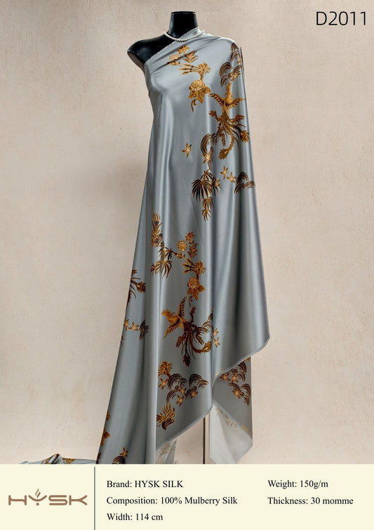 HYSK Digital Printed 100% Mulberry Silk Charmeuse – 30 Momme, 114cm Width, 6A Grade Silk Original Design Fabric for Couture, Evening Wear & Traditional Attire