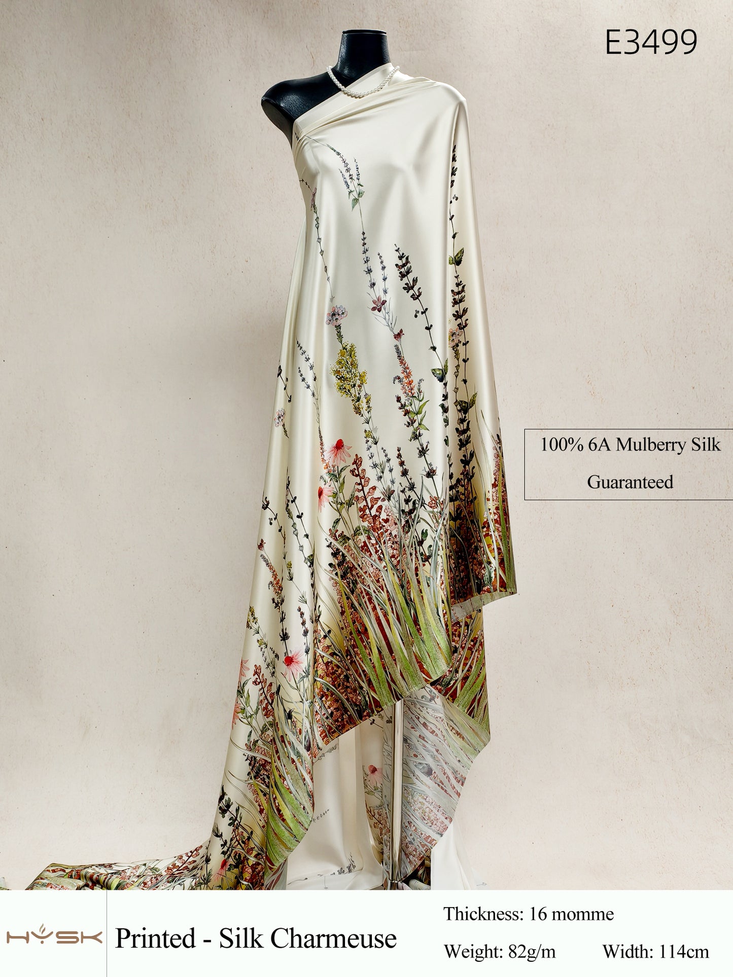 HYSK Digital Printed 100% Mulberry Silk Charmeuse – 16 Momme, 114cm Width, 6A Grade Silk Original Design Fabric for Couture, Evening Wear & Traditional Attire