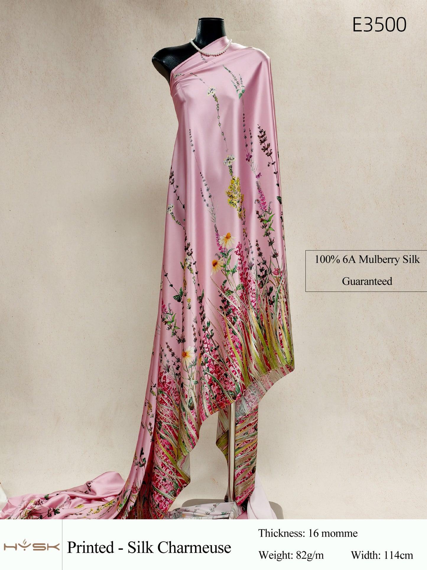 HYSK Digital Printed 100% Mulberry Silk Charmeuse – 16 Momme, 114cm Width, 6A Grade Silk Original Design Fabric for Couture, Evening Wear & Traditional Attire