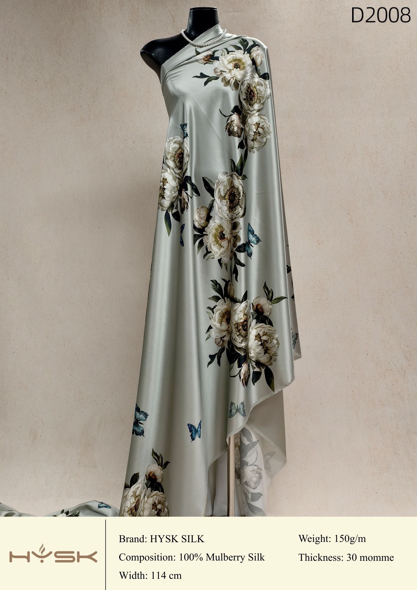 HYSK Digital Printed 100% Mulberry Silk Charmeuse – 30 Momme, 114cm Width, 6A Grade Silk Original Design Fabric for Couture, Evening Wear & Traditional Attire