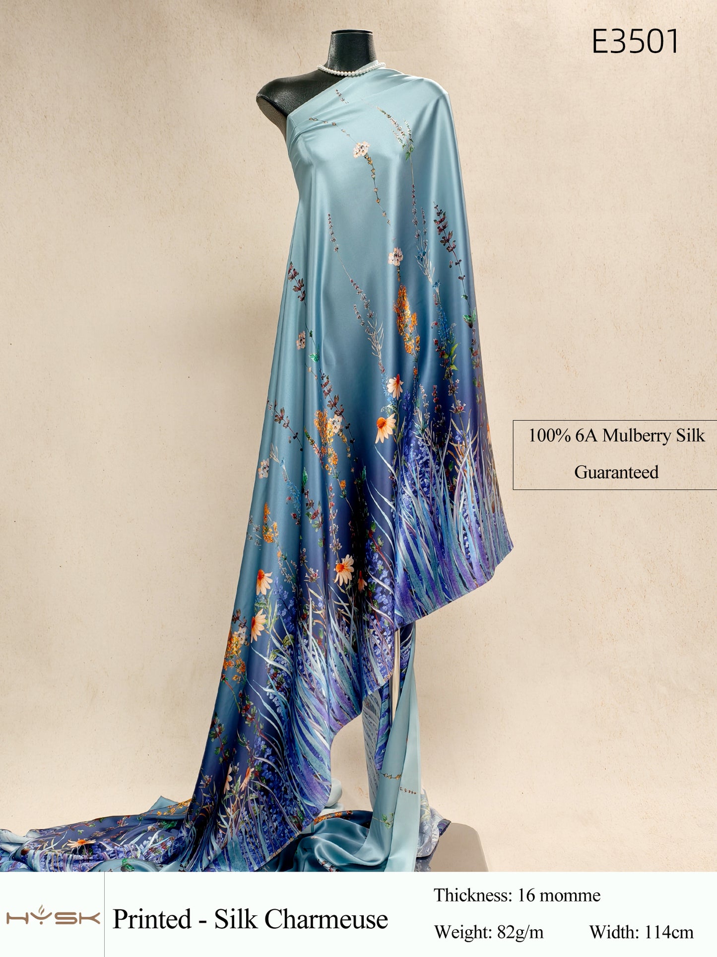 HYSK Digital Printed 100% Mulberry Silk Charmeuse – 16 Momme, 114cm Width, 6A Grade Silk Original Design Fabric for Couture, Evening Wear & Traditional Attire