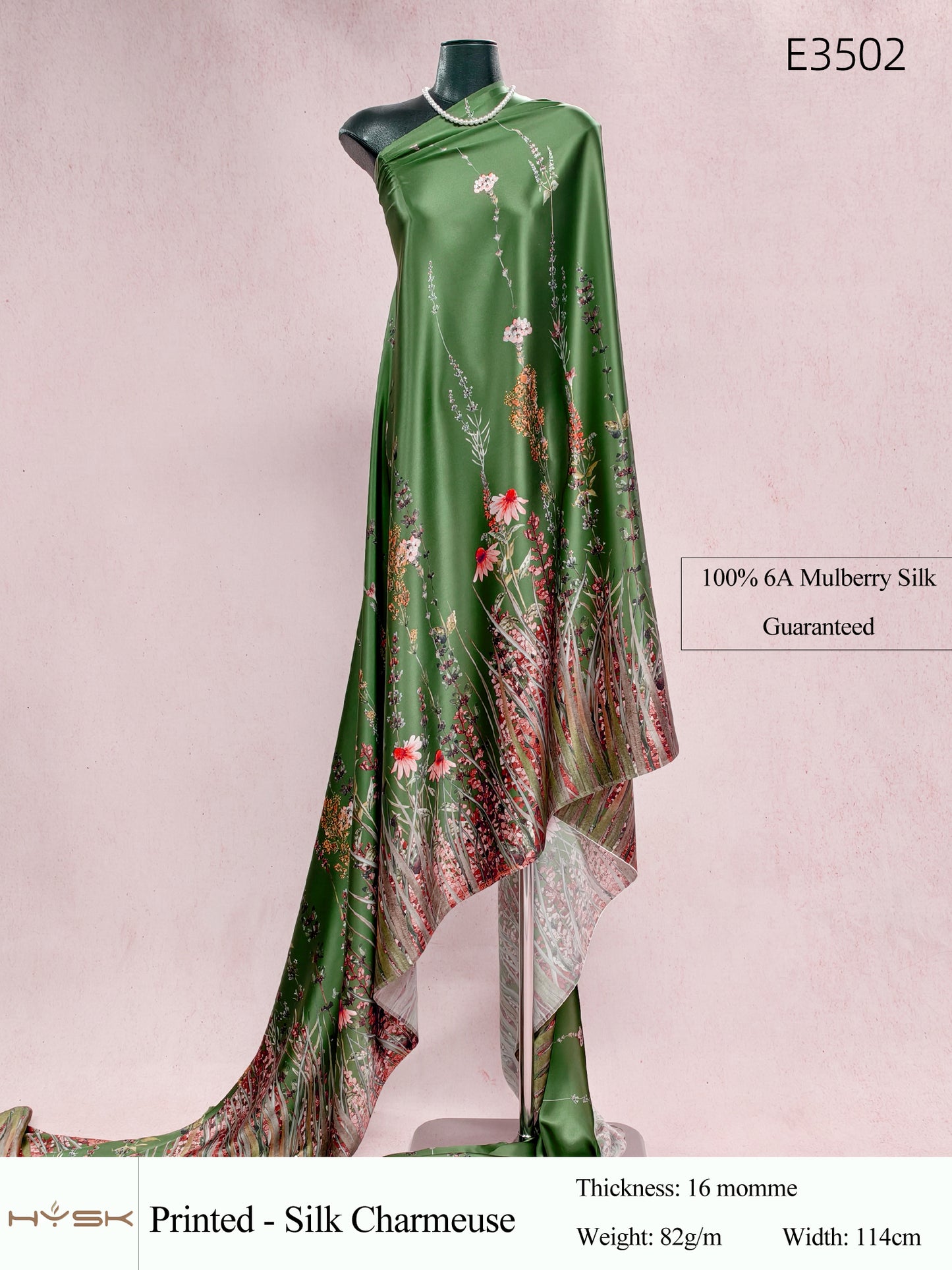 HYSK Digital Printed 100% Mulberry Silk Charmeuse – 16 Momme, 114cm Width, 6A Grade Silk Original Design Fabric for Couture, Evening Wear & Traditional Attire