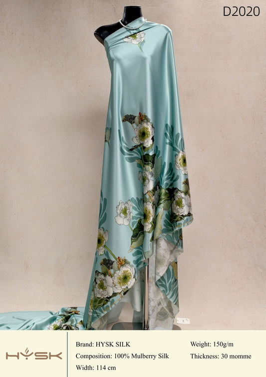 HYSK Digital Printed 100% Mulberry Silk Charmeuse – 30 Momme, 114cm Width, 6A Grade Silk Original Design Fabric for Couture, Evening Wear & Traditional Attire