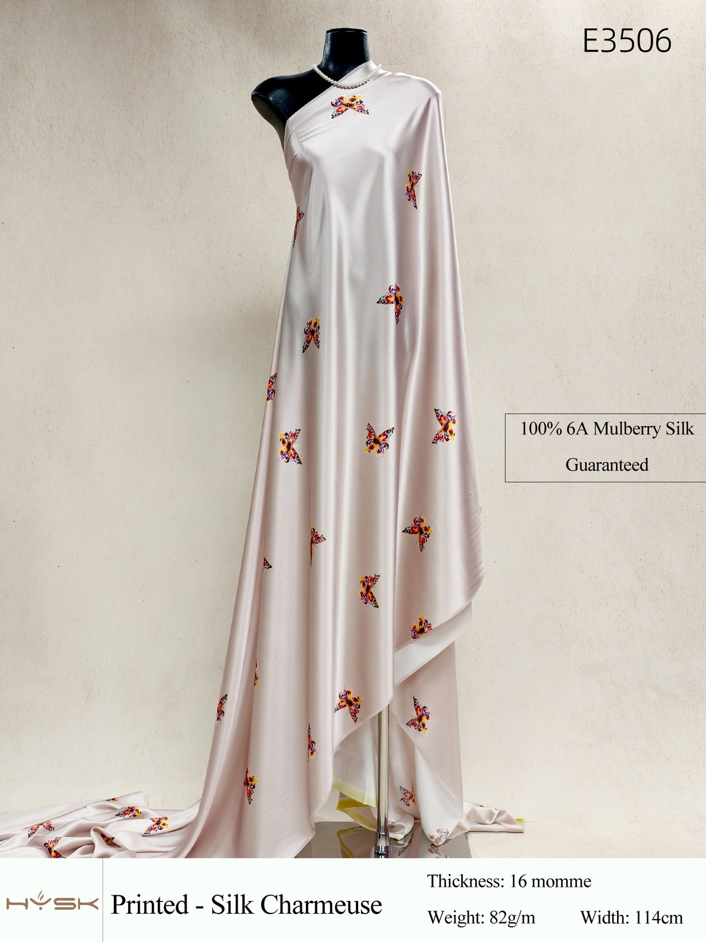 HYSK Digital Printed 100% Mulberry Silk Charmeuse – 16 Momme, 114cm Width, 6A Grade Silk Original Design Fabric for Couture, Evening Wear & Traditional Attire