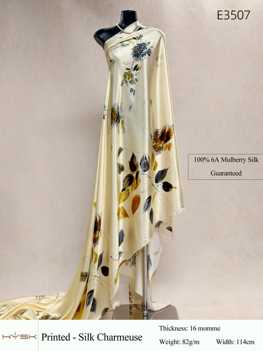 HYSK Digital Printed 100% Mulberry Silk Charmeuse – 16 Momme, 114cm Width, 6A Grade Silk Original Design Fabric for Couture, Evening Wear & Traditional Attire