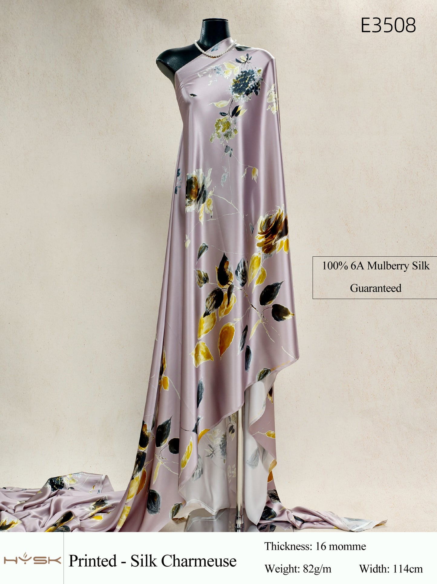 HYSK Digital Printed 100% Mulberry Silk Charmeuse – 16 Momme, 114cm Width, 6A Grade Silk Original Design Fabric for Couture, Evening Wear & Traditional Attire