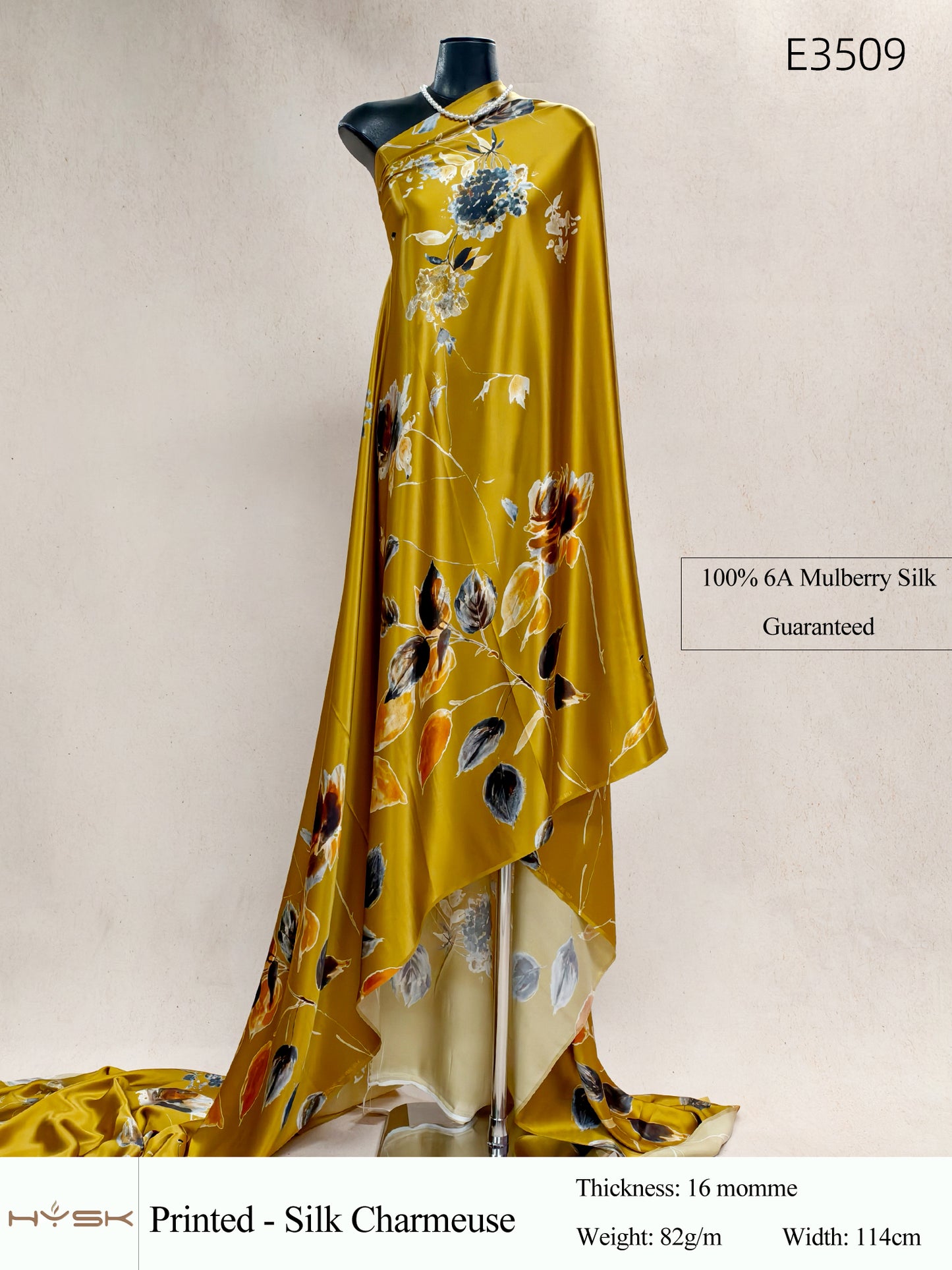 HYSK Digital Printed 100% Mulberry Silk Charmeuse – 16 Momme, 114cm Width, 6A Grade Silk Original Design Fabric for Couture, Evening Wear & Traditional Attire