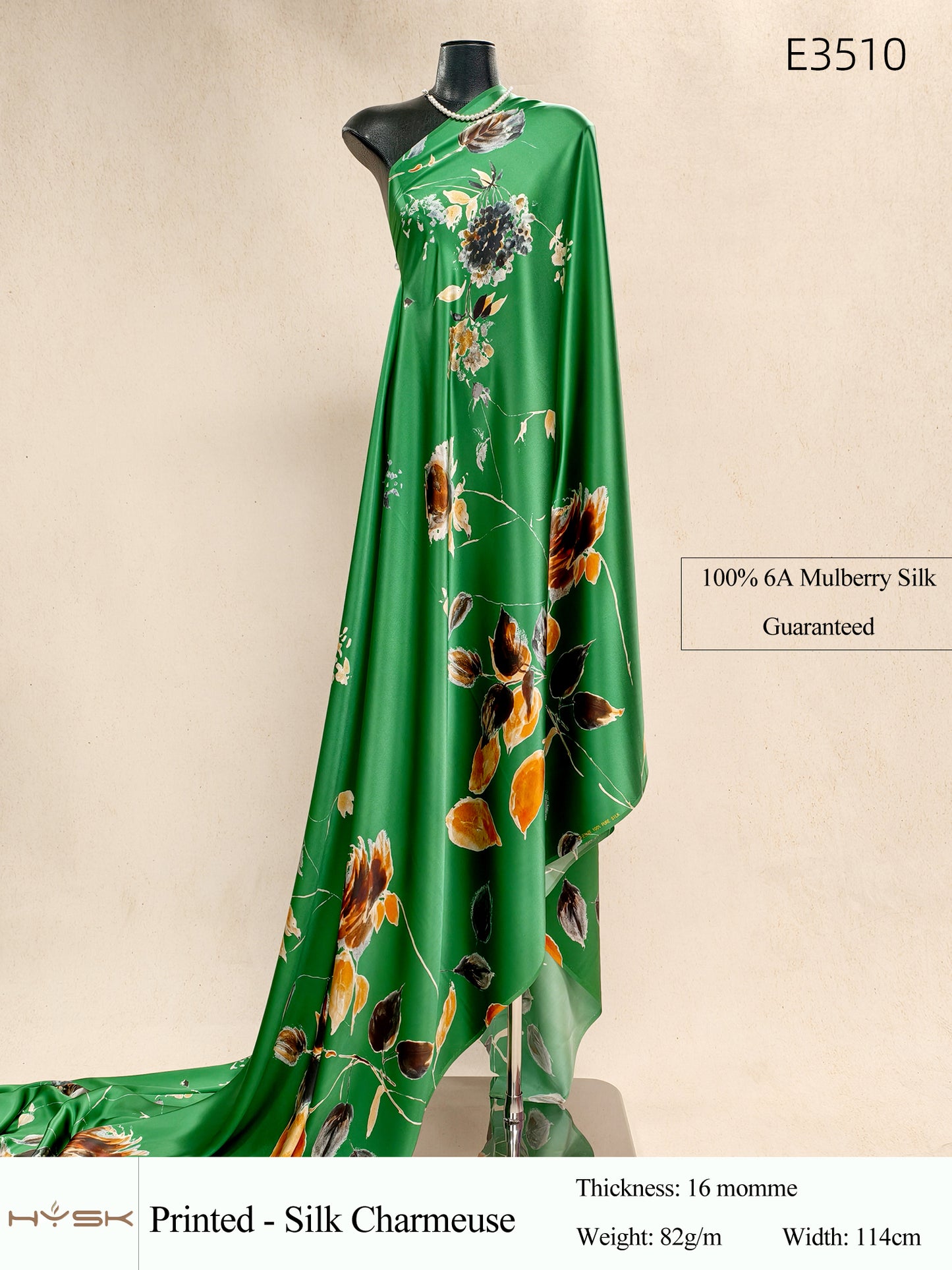 HYSK Digital Printed 100% Mulberry Silk Charmeuse – 16 Momme, 114cm Width, 6A Grade Silk Original Design Fabric for Couture, Evening Wear & Traditional Attire