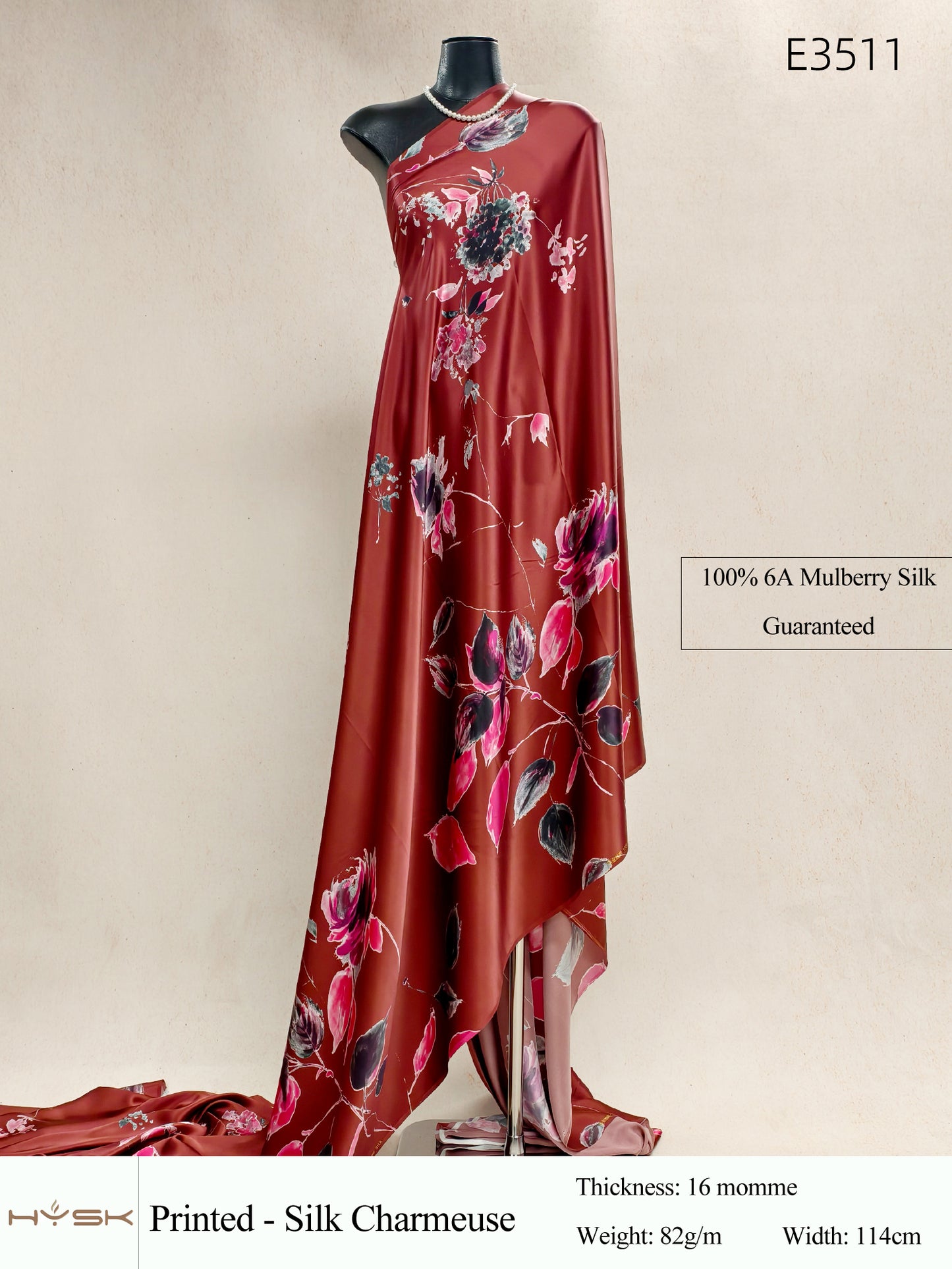 HYSK Digital Printed 100% Mulberry Silk Charmeuse – 16 Momme, 114cm Width, 6A Grade Silk Original Design Fabric for Couture, Evening Wear & Traditional Attire