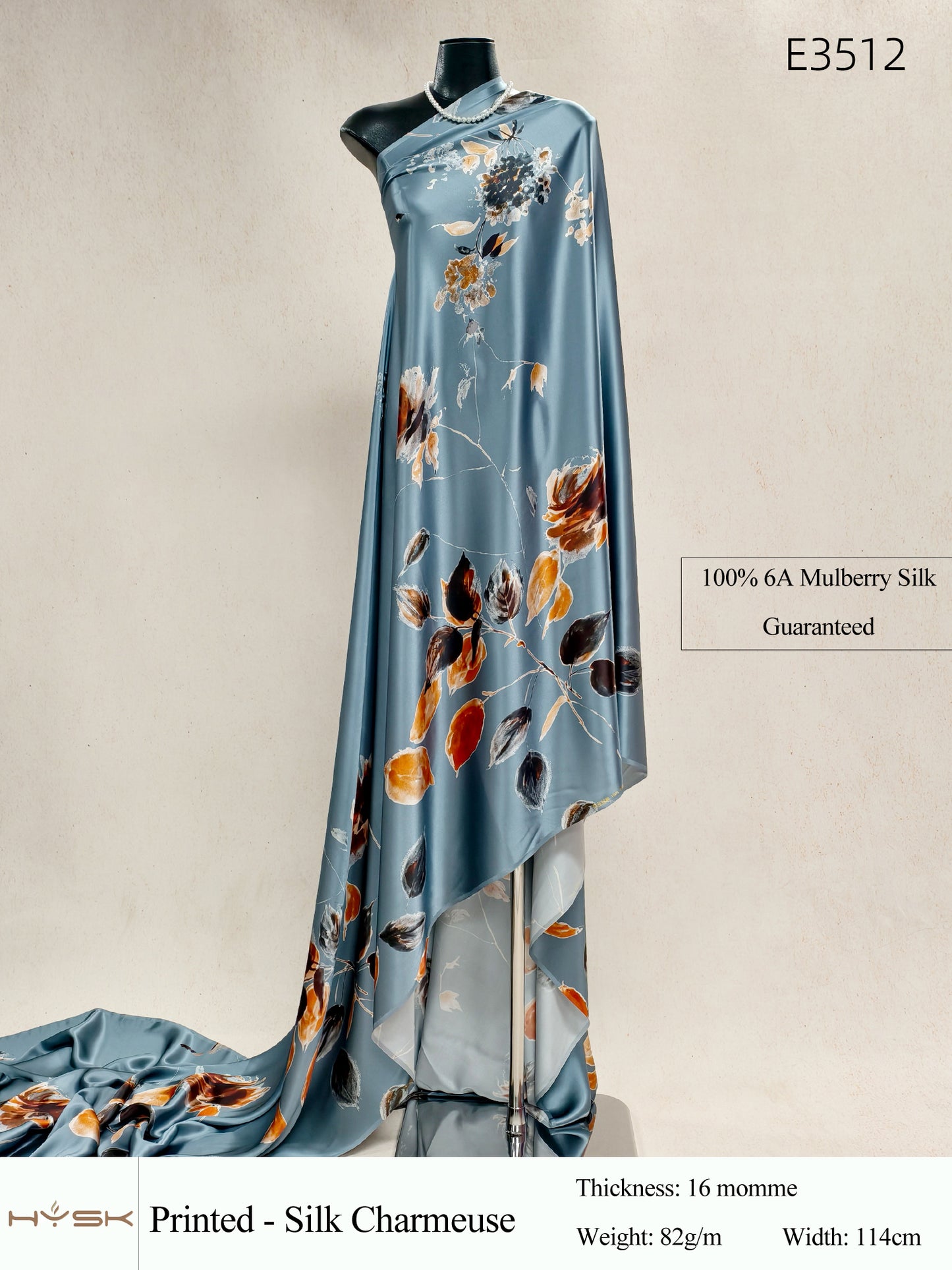 HYSK Digital Printed 100% Mulberry Silk Charmeuse – 16 Momme, 114cm Width, 6A Grade Silk Original Design Fabric for Couture, Evening Wear & Traditional Attire