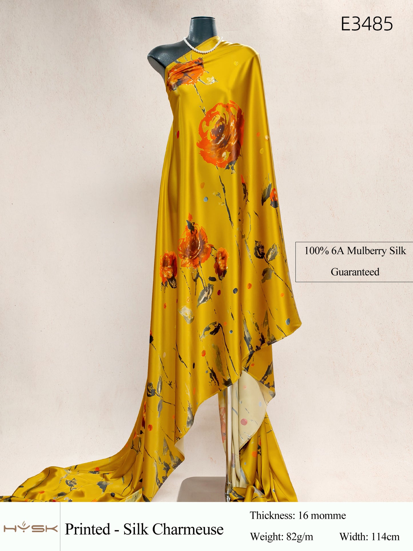 HYSK Digital Printed 100% Mulberry Silk Charmeuse – 16 Momme, 114cm Width, 6A Grade Silk Original Design Fabric for Couture, Evening Wear & Traditional Attire