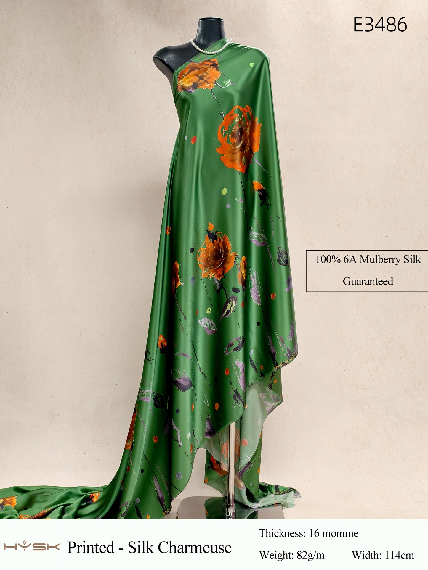 HYSK Digital Printed 100% Mulberry Silk Charmeuse – 16 Momme, 114cm Width, 6A Grade Silk Original Design Fabric for Couture, Evening Wear & Traditional Attire