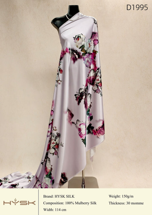 HYSK Digital Printed 100% Mulberry Silk Charmeuse – 30 Momme, 114cm Width, 6A Grade Silk Original Design Fabric for Couture, Evening Wear & Traditional Attire