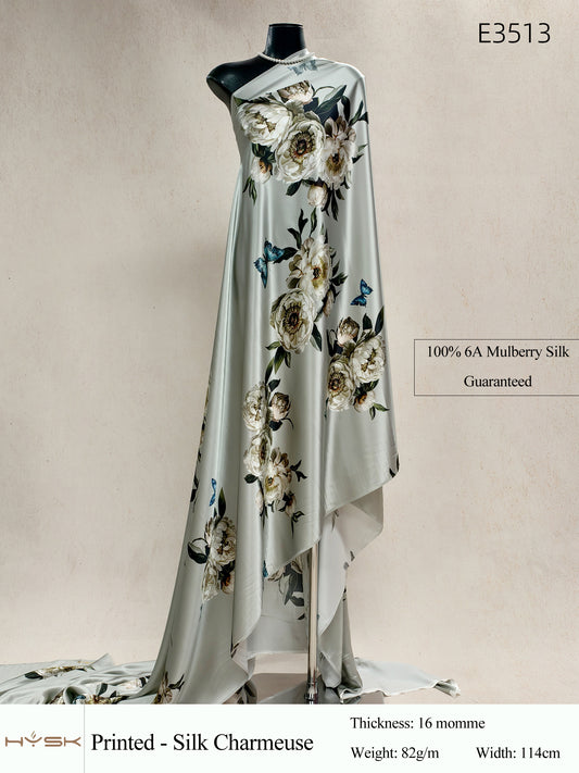 HYSK Digital Printed 100% Mulberry Silk Charmeuse – 16 Momme, 114cm Width, 6A Grade Silk Original Design Fabric for Couture, Evening Wear & Traditional Attire