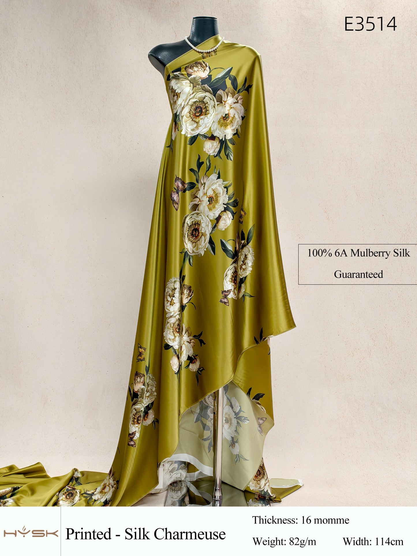 HYSK Digital Printed 100% Mulberry Silk Charmeuse – 16 Momme, 114cm Width, 6A Grade Silk Original Design Fabric for Couture, Evening Wear & Traditional Attire