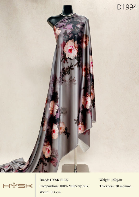 HYSK Digital Printed 100% Mulberry Silk Charmeuse – 30 Momme, 114cm Width, 6A Grade Silk Original Design Fabric for Couture, Evening Wear & Traditional Attire