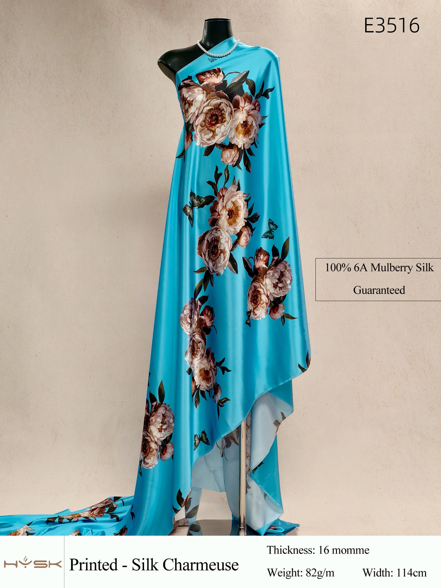 HYSK Digital Printed 100% Mulberry Silk Charmeuse – 16 Momme, 114cm Width, 6A Grade Silk Original Design Fabric for Couture, Evening Wear & Traditional Attire