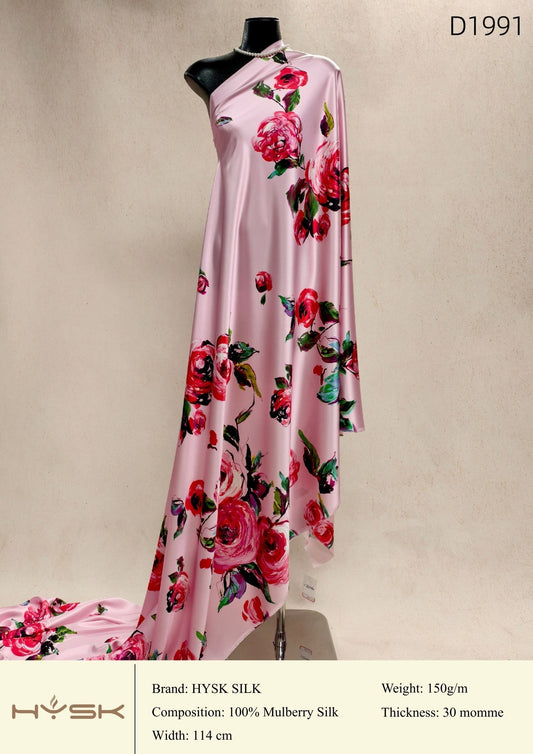 HYSK Digital Printed 100% Mulberry Silk Charmeuse – 30 Momme, 114cm Width, 6A Grade Silk Original Design Fabric for Couture, Evening Wear & Traditional Attire