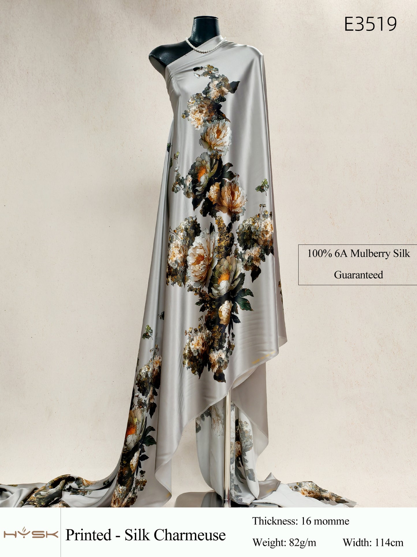 HYSK Digital Printed 100% Mulberry Silk Charmeuse – 16 Momme, 114cm Width, 6A Grade Silk Original Design Fabric for Couture, Evening Wear & Traditional Attire