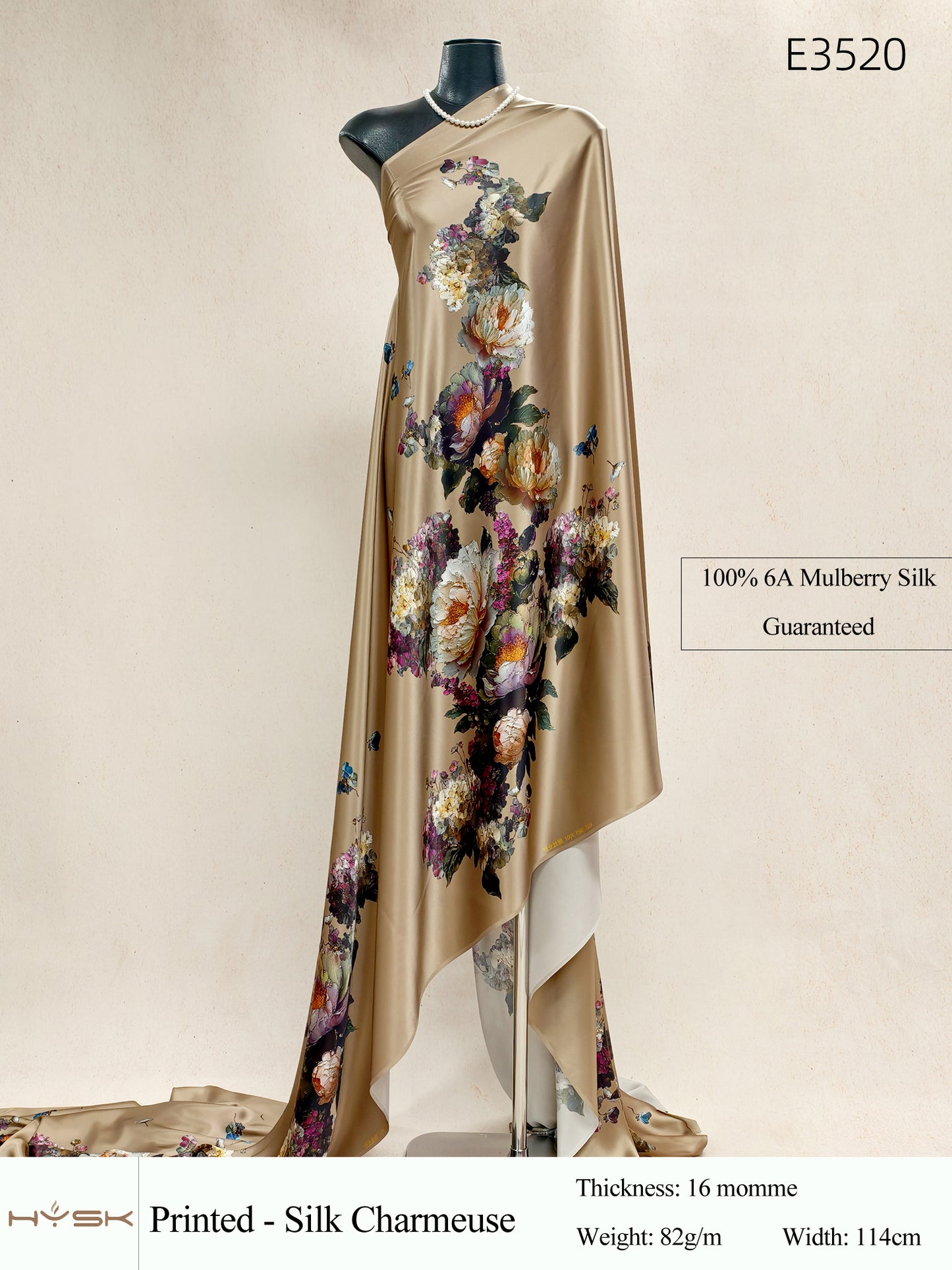 HYSK Digital Printed 100% Mulberry Silk Charmeuse – 16 Momme, 114cm Width, 6A Grade Silk Original Design Fabric for Couture, Evening Wear & Traditional Attire