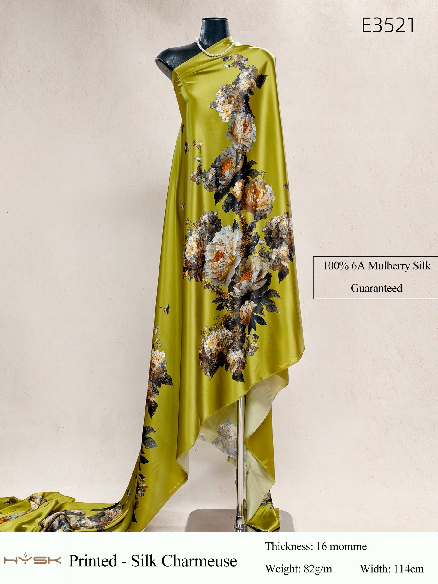 HYSK Digital Printed 100% Mulberry Silk Charmeuse – 16 Momme, 114cm Width, 6A Grade Silk Original Design Fabric for Couture, Evening Wear & Traditional Attire