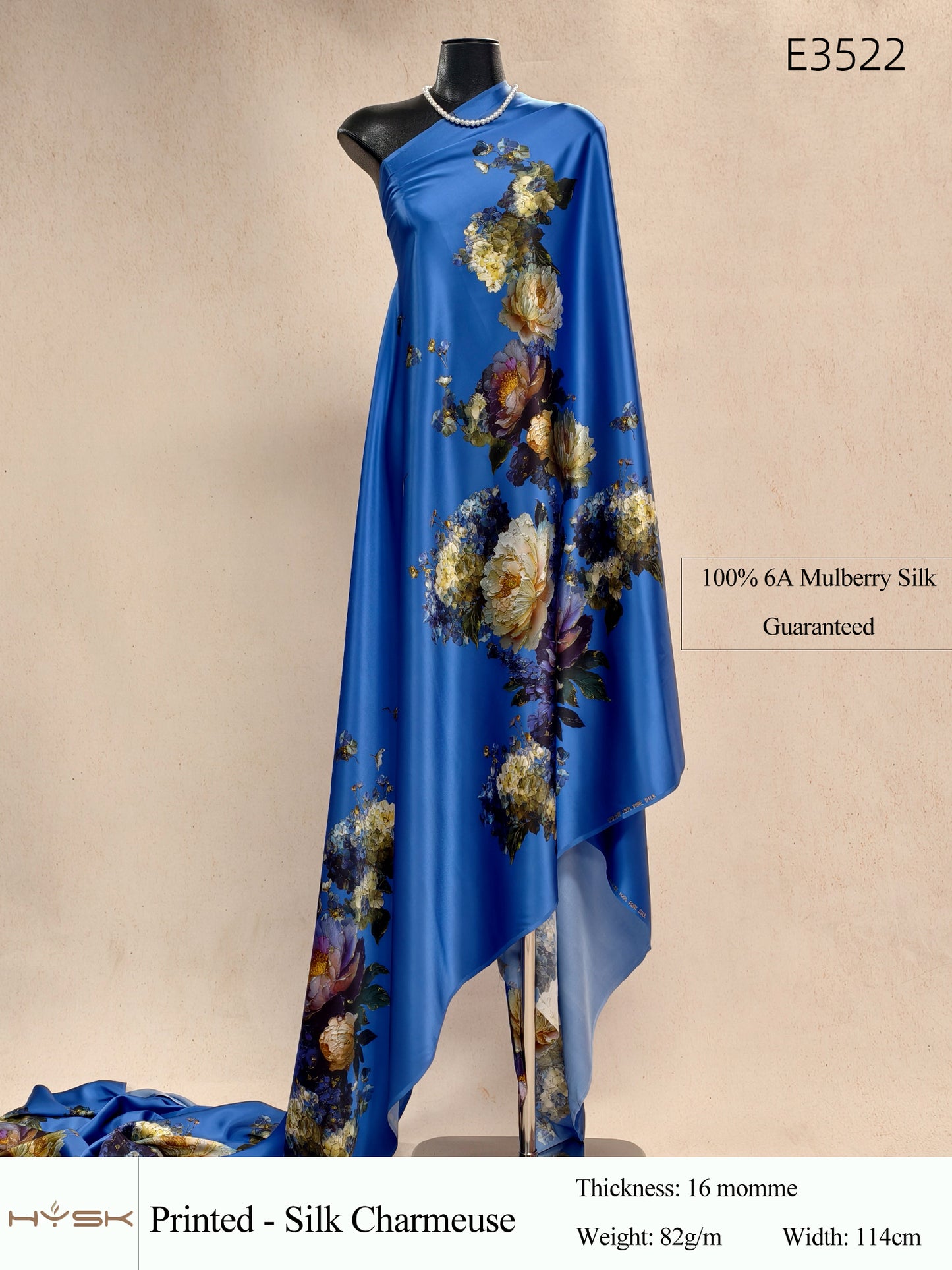 HYSK Digital Printed 100% Mulberry Silk Charmeuse – 16 Momme, 114cm Width, 6A Grade Silk Original Design Fabric for Couture, Evening Wear & Traditional Attire