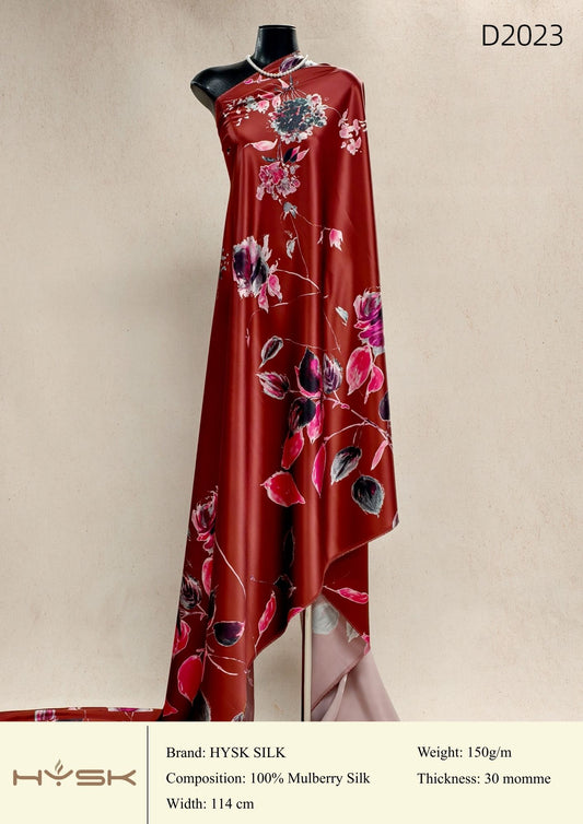 HYSK Digital Printed 100% Mulberry Silk Charmeuse – 30 Momme, 114cm Width, 6A Grade Silk Original Design Fabric for Couture, Evening Wear & Traditional Attire