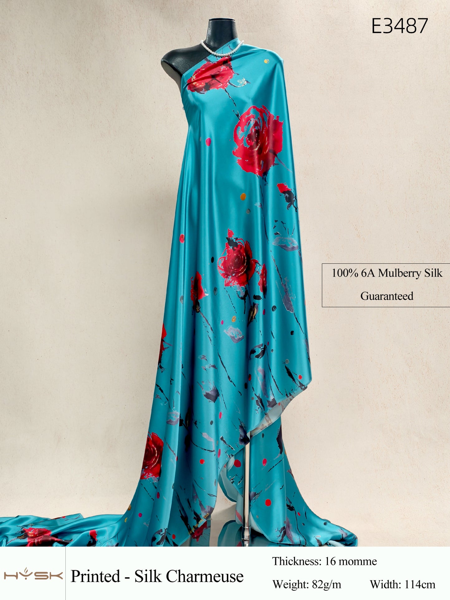 HYSK Digital Printed 100% Mulberry Silk Charmeuse – 16 Momme, 114cm Width, 6A Grade Silk Original Design Fabric for Couture, Evening Wear & Traditional Attire