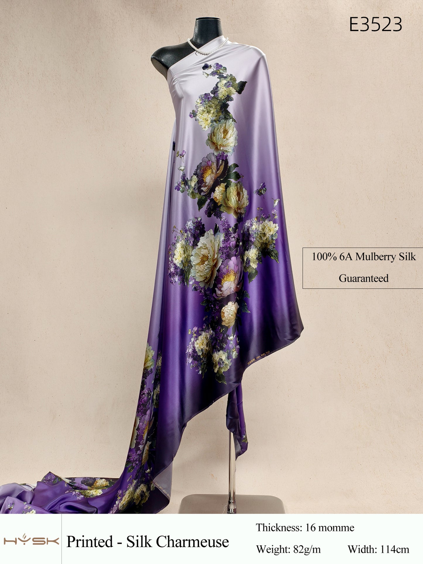 HYSK Digital Printed 100% Mulberry Silk Charmeuse – 16 Momme, 114cm Width, 6A Grade Silk Original Design Fabric for Couture, Evening Wear & Traditional Attire