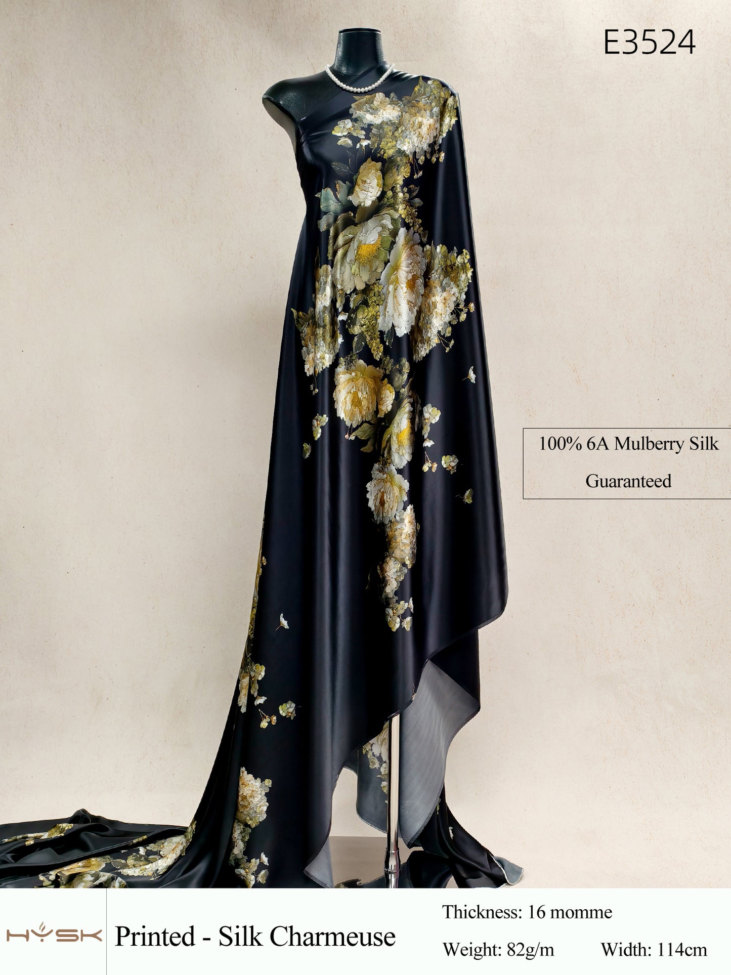 HYSK Digital Printed 100% Mulberry Silk Charmeuse – 16 Momme, 114cm Width, 6A Grade Silk Original Design Fabric for Couture, Evening Wear & Traditional Attire